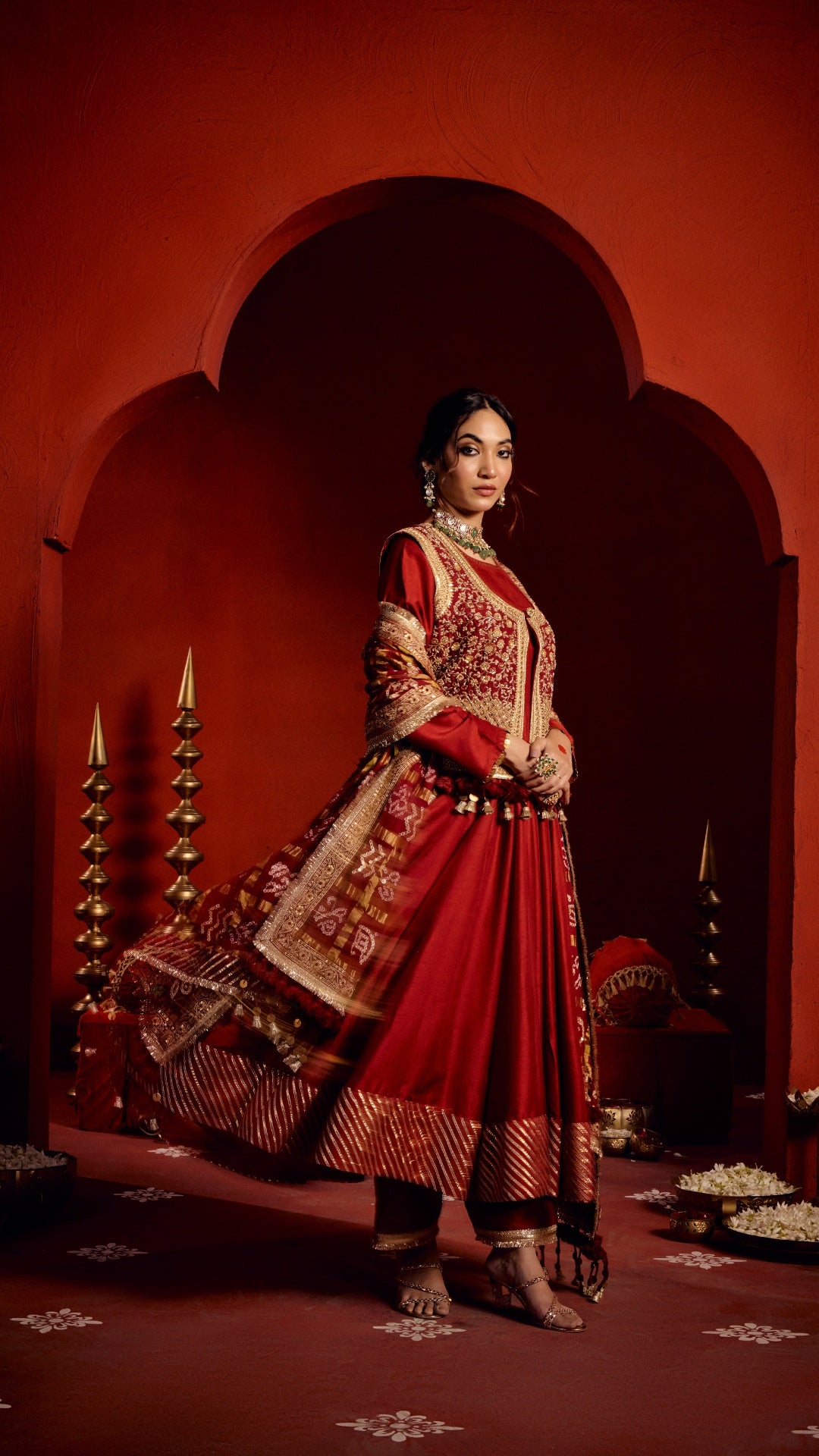 RED ANARKALI GHARCHOLA MARODI DUPATTA WITH ZARDOZI EMBROIDERY JACKET