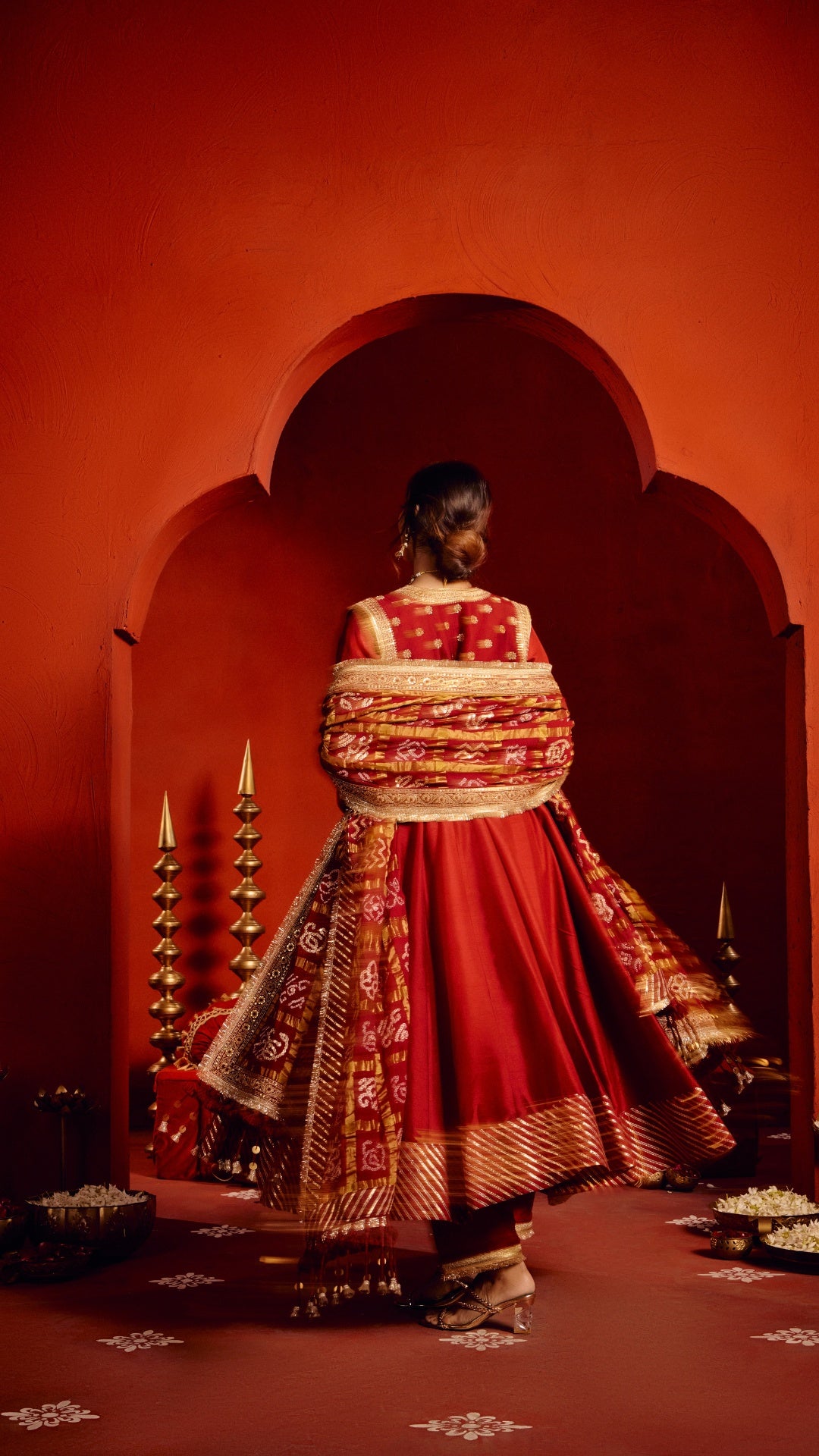 RED ANARKALI GHARCHOLA MARODI DUPATTA WITH ZARDOZI EMBROIDERY JACKET