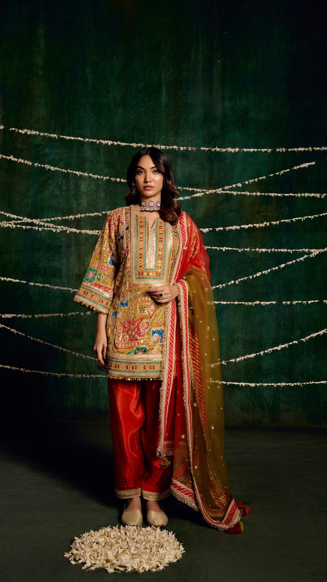 MULTI AAREE WORK FABRIC WITH SHADED HANDWORK LAMPI DUPATTA & SILK SALWAR SET