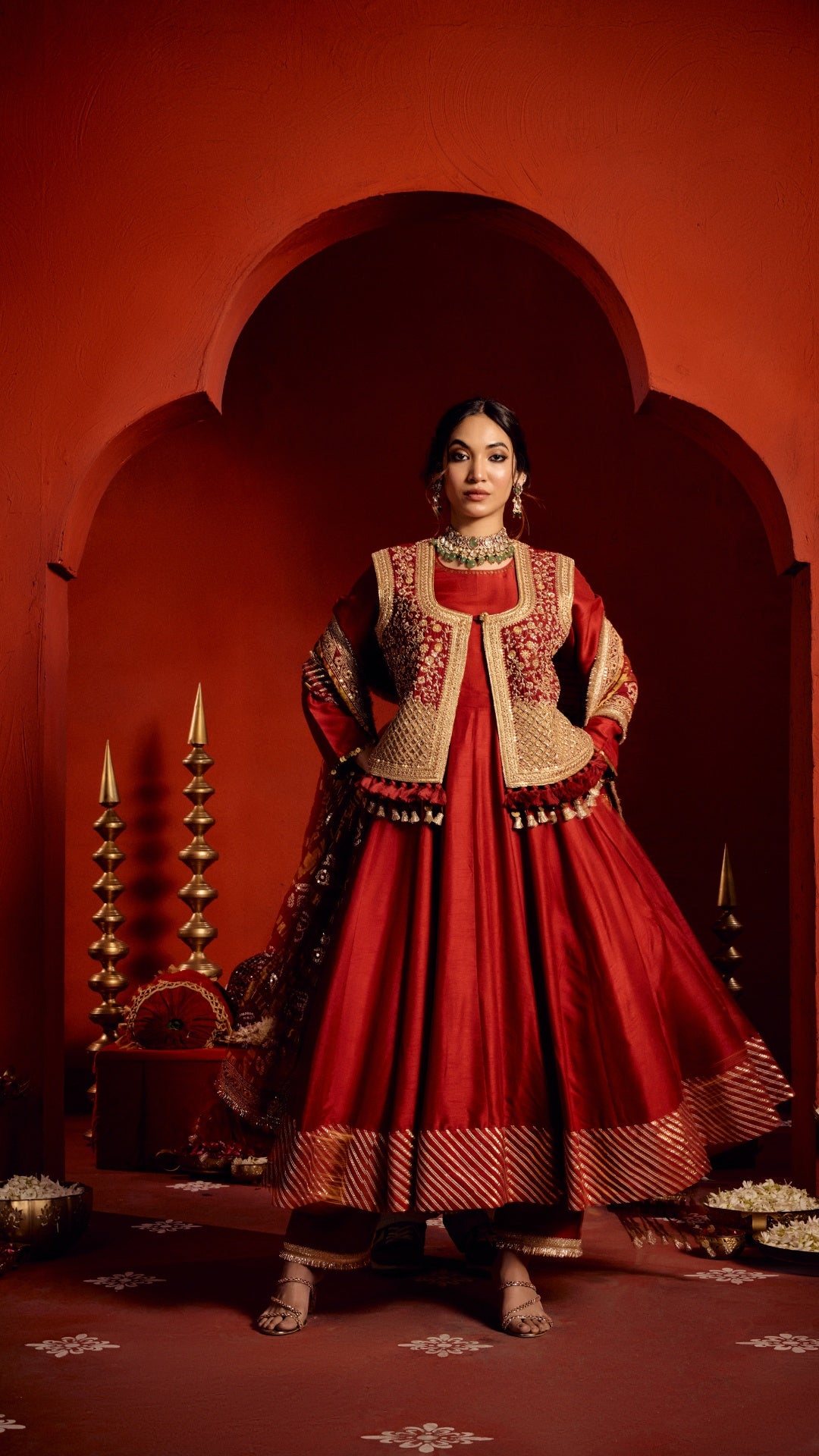 RED ANARKALI GHARCHOLA MARODI DUPATTA WITH ZARDOZI EMBROIDERY JACKET