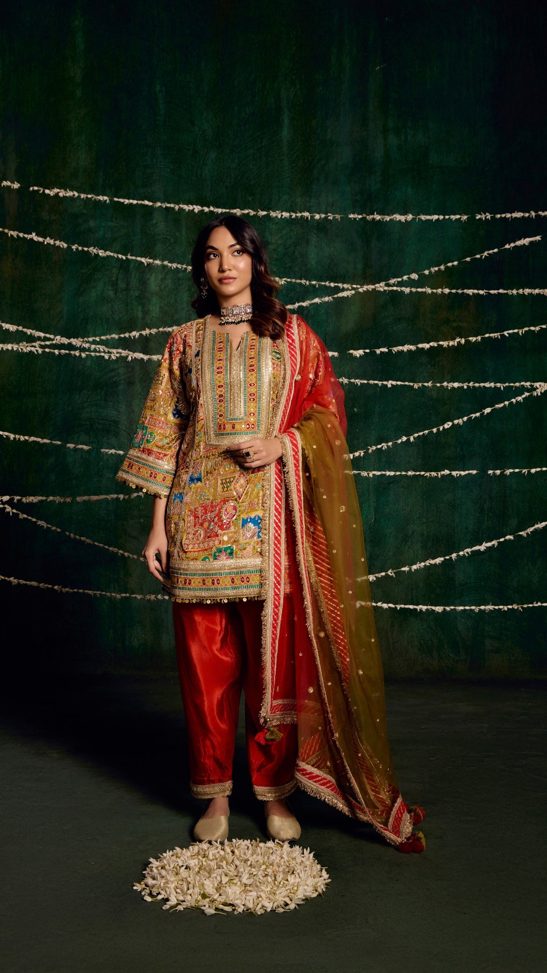 MULTI AAREE WORK FABRIC WITH SHADED HANDWORK LAMPI DUPATTA & SILK SALWAR SET