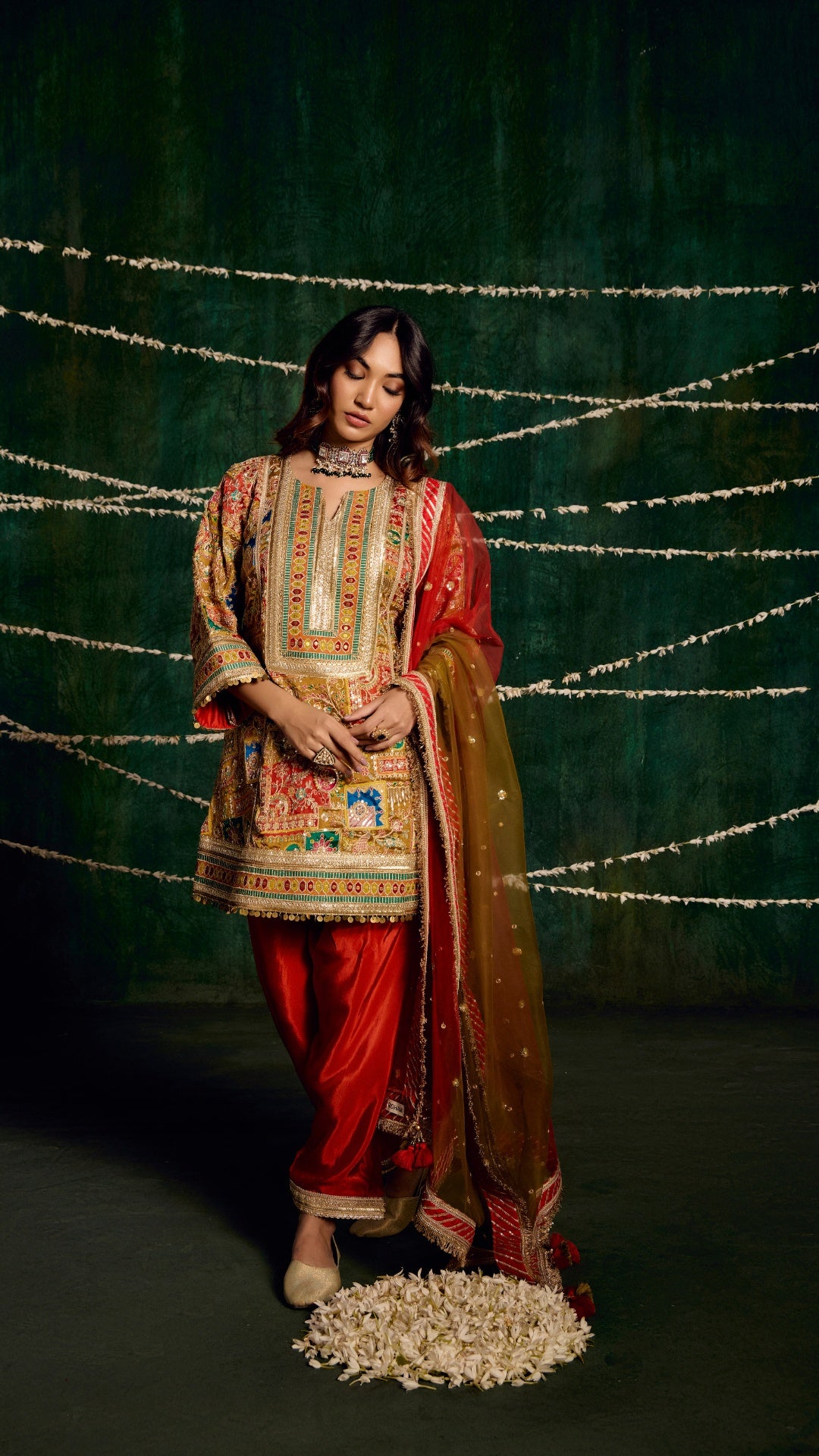MULTI AAREE WORK FABRIC WITH SHADED HANDWORK LAMPI DUPATTA & SILK SALWAR SET
