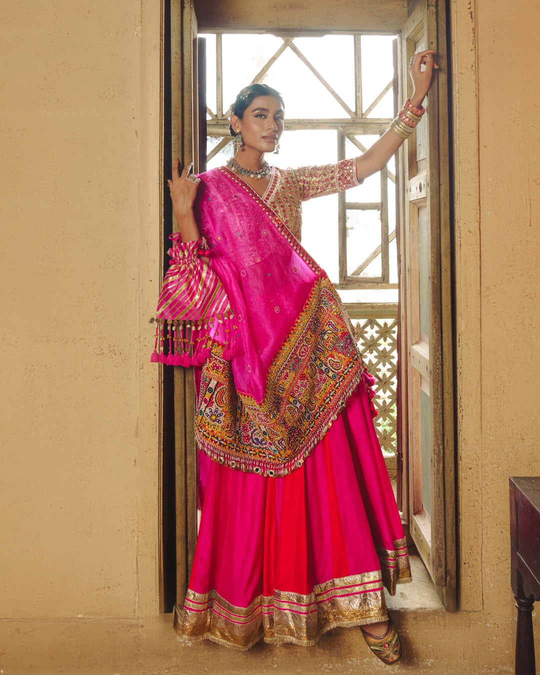 RED PINK DOUBLE KALI MOCHI WORK LEHENGA SET