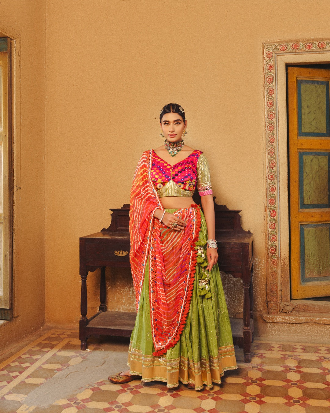 GREEN LAMPI LEHENGA SET WITH TISSU MUKAISH WORK