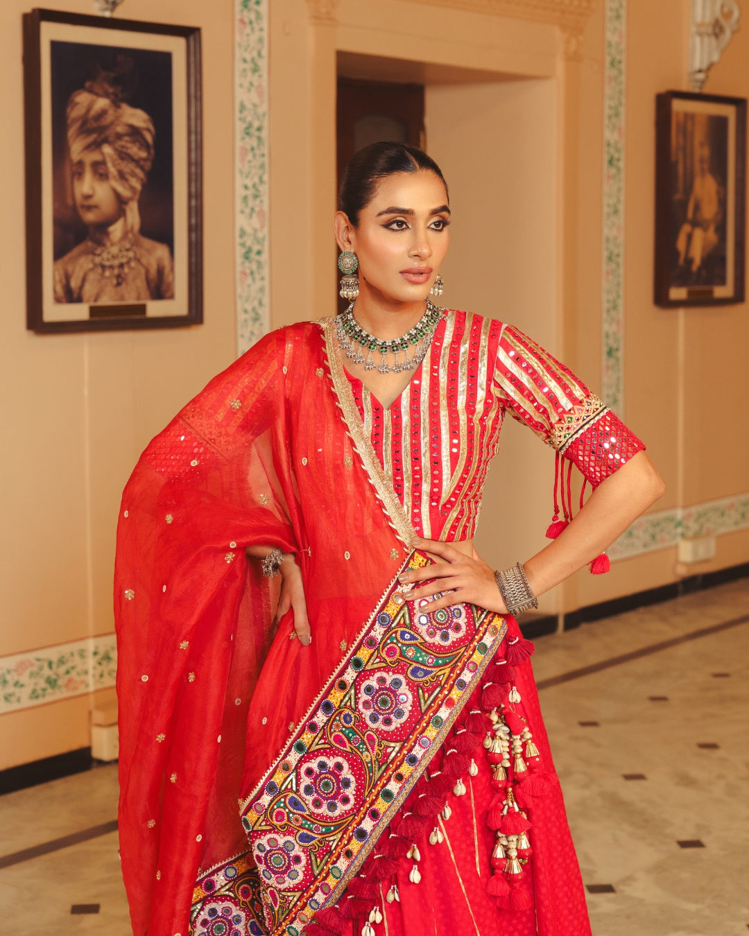 RED MIRROR LAMPI LEHENGA SET