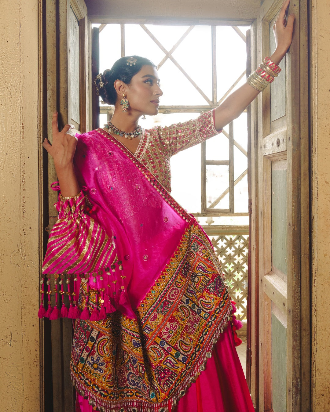 RED PINK DOUBLE KALI MOCHI WORK LEHENGA SET