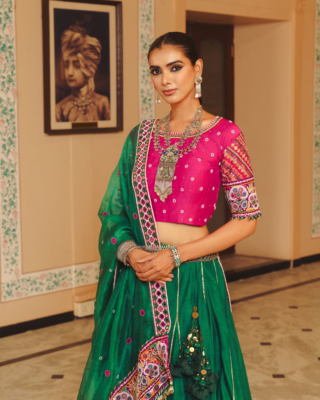 BOTTLE GREEN MAGENTA LEHENGA SET