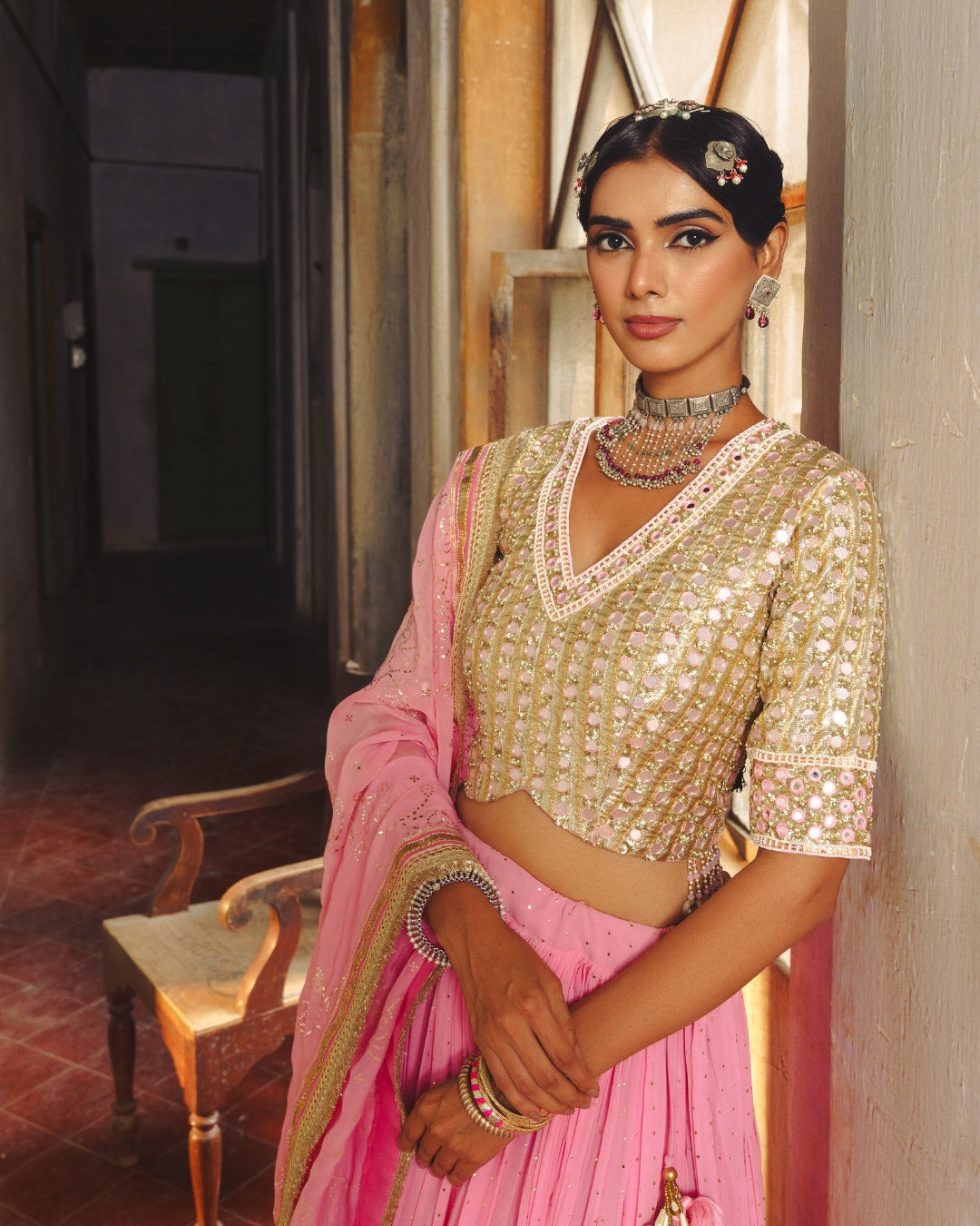 LIGHT PINK MIRROR MAGIC LAHENGA SET