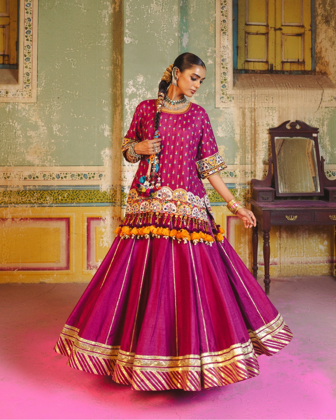 JHILMIL'S SIGNATURE LONG MAGENTA PURPLE EK TAAR LEHENGA & TOP
