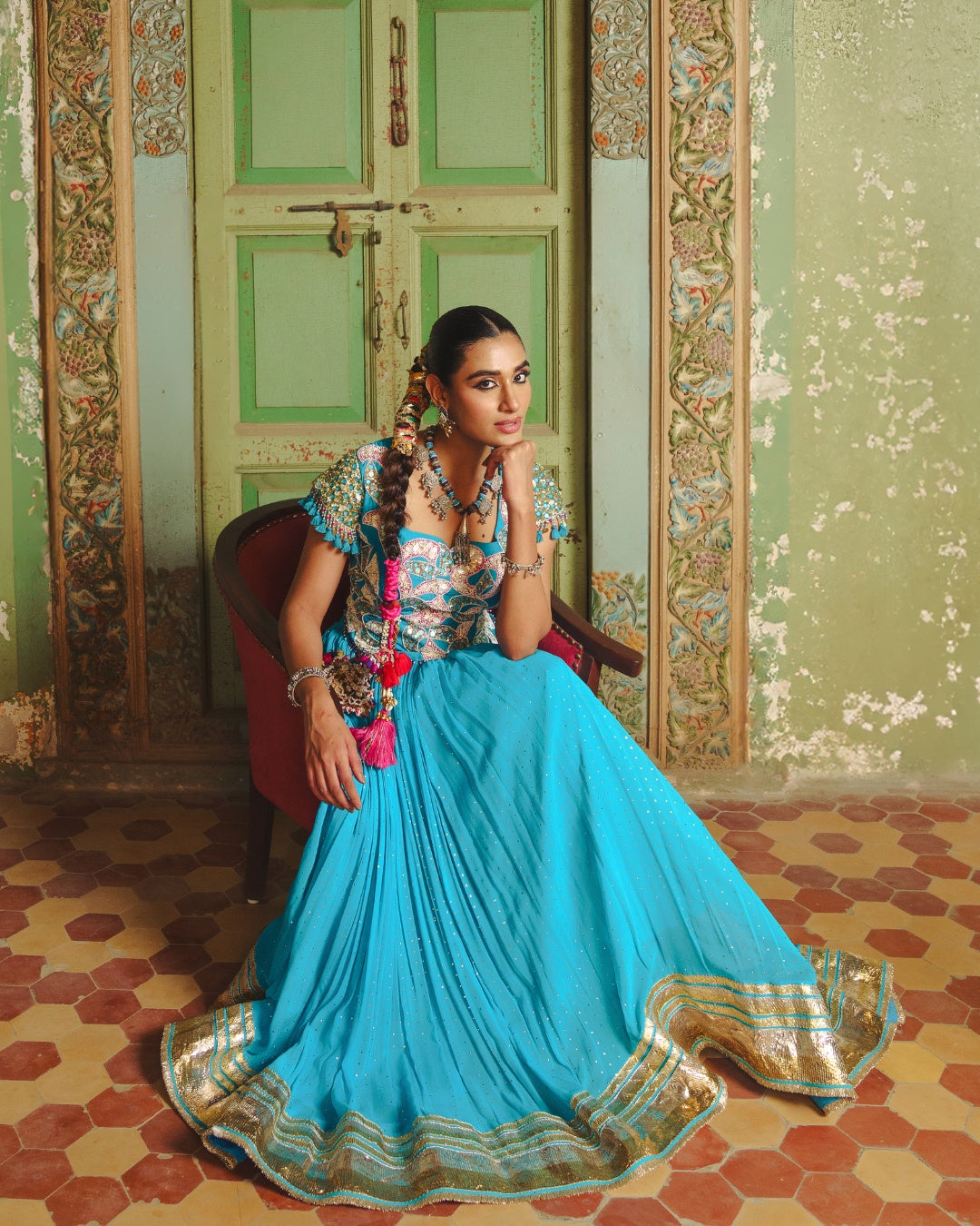 BLUE LAMPI LEHENGA WITH KUTCHI PATEL HAND EMBROIDERED JACKET