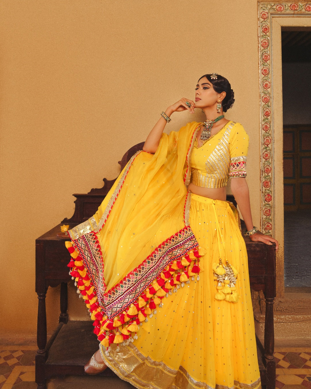 YELLOW MUKAISH WORK GEORGETTE LEHENGA SET