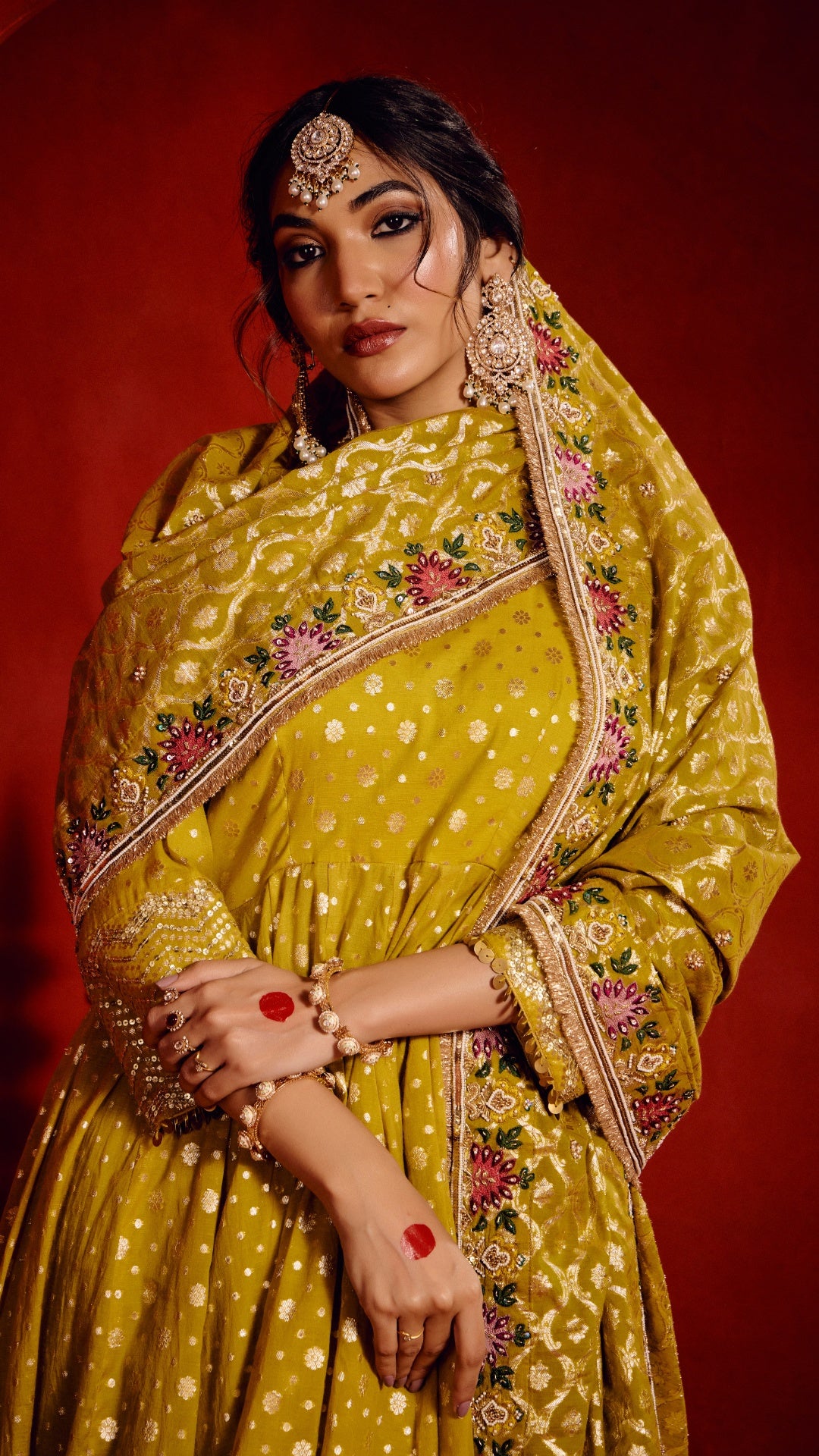 GOLDEN TISSU CHANDERI AARIE ANARKALI WITH HAND EMBROIDERY DUPPTA