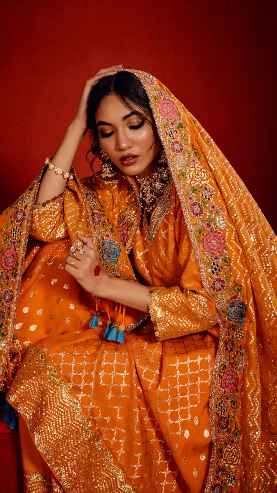 SAFFRON TISSU AARIE KALIDAR ANARKALI WITH HAND EMBROIDERY DUPATTA
