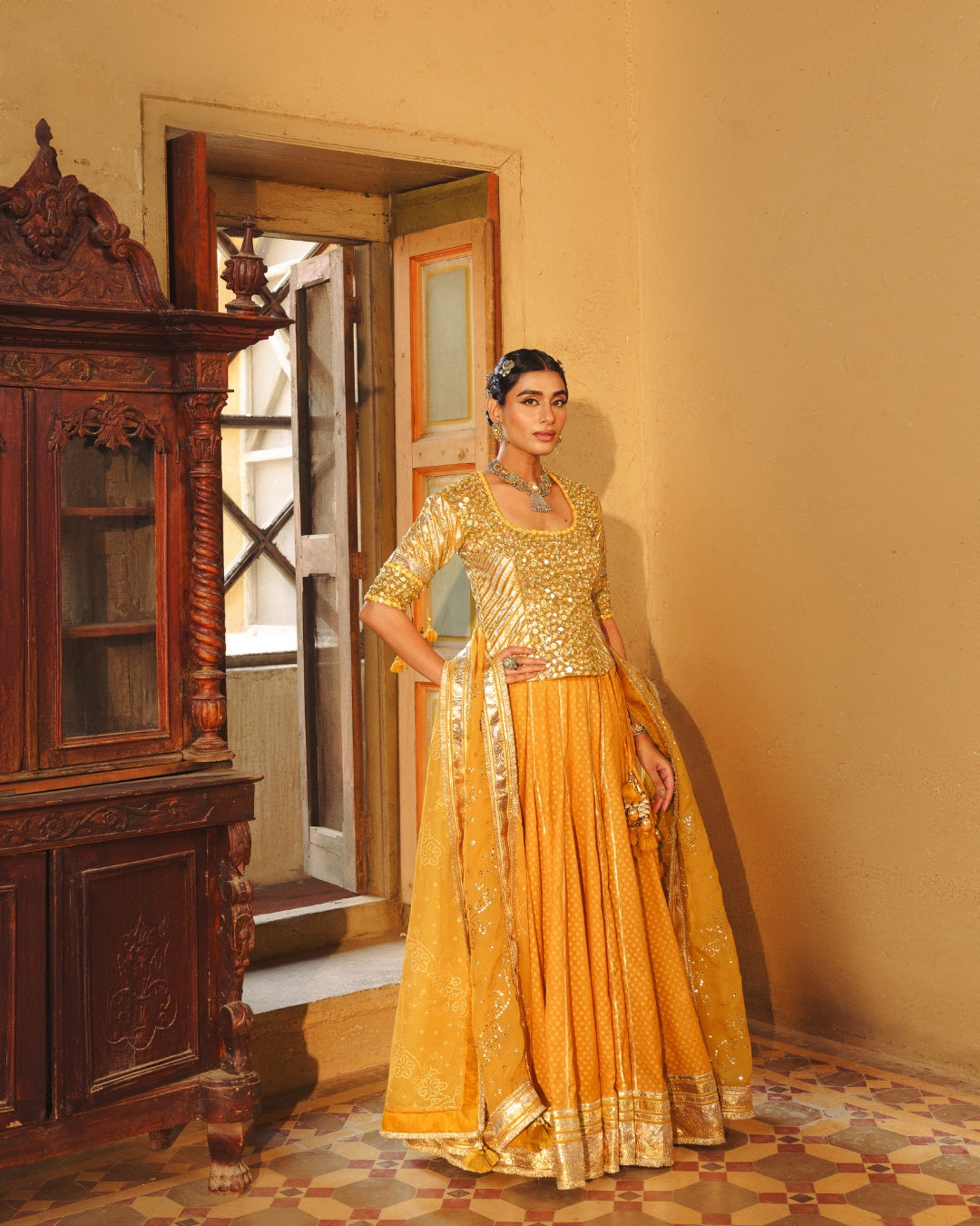 OCHRE YELLOW MIRROR MAGIC LAHENGA SET