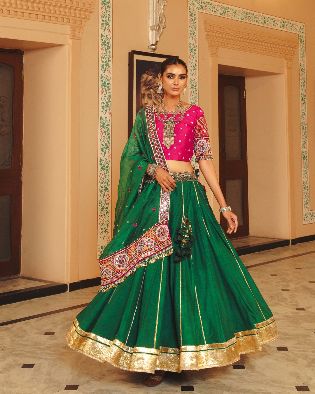 BOTTLE GREEN MAGENTA LEHENGA SET