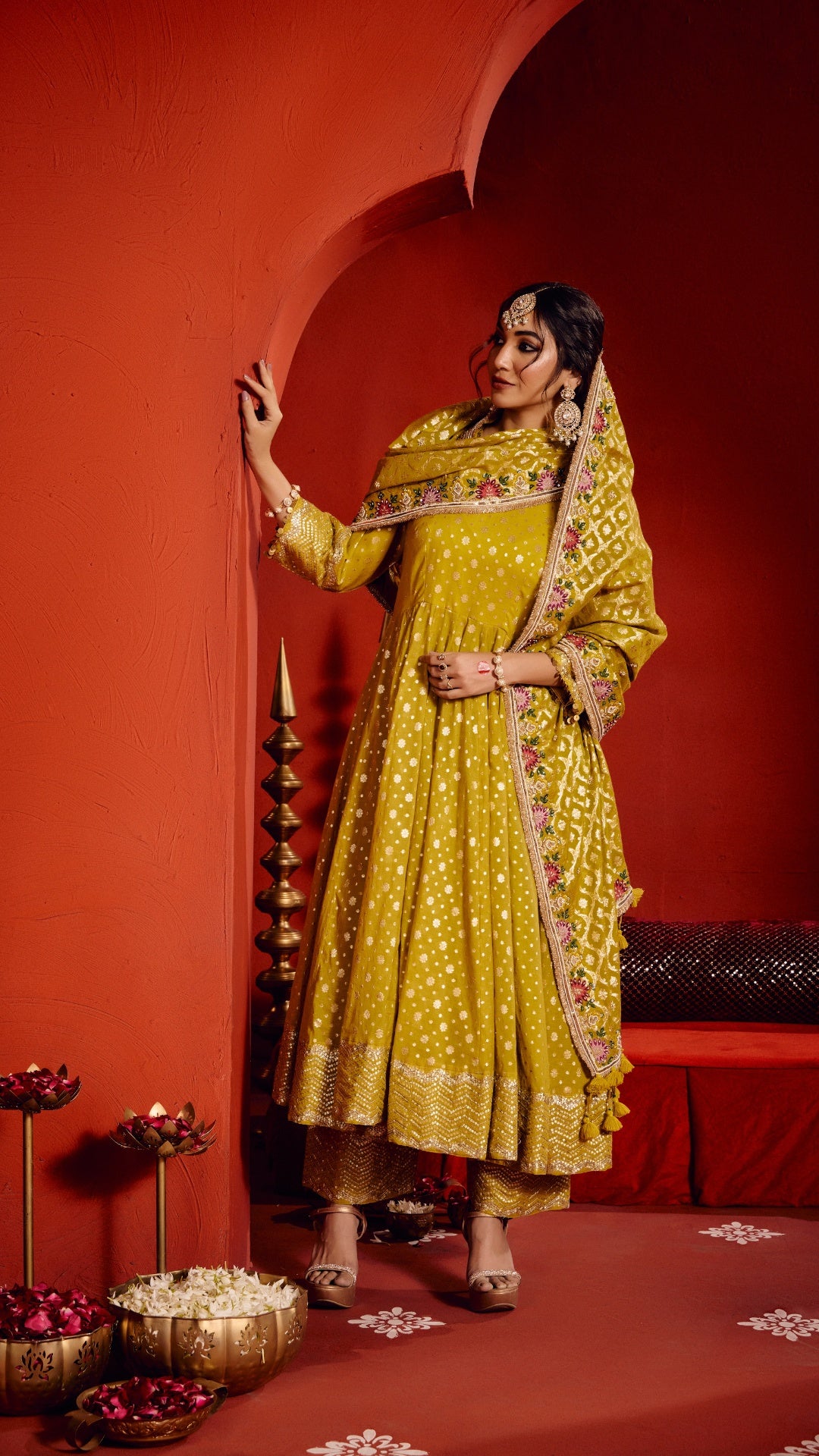 GOLDEN TISSU CHANDERI AARIE ANARKALI WITH HAND EMBROIDERY DUPPTA