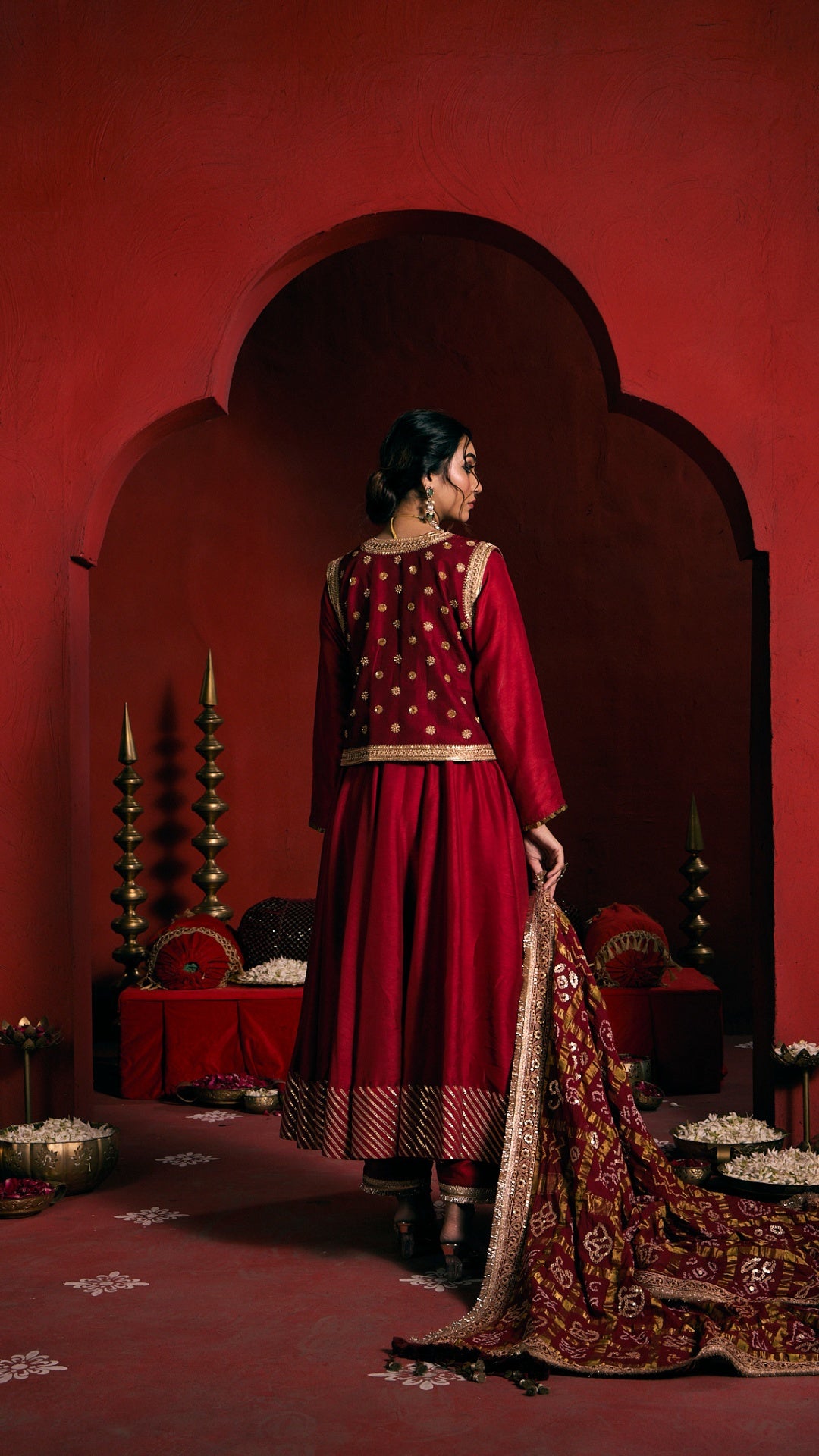 RED ANARKALI GHARCHOLA MARODI DUPATTA WITH ZARDOZI EMBROIDERY JACKET