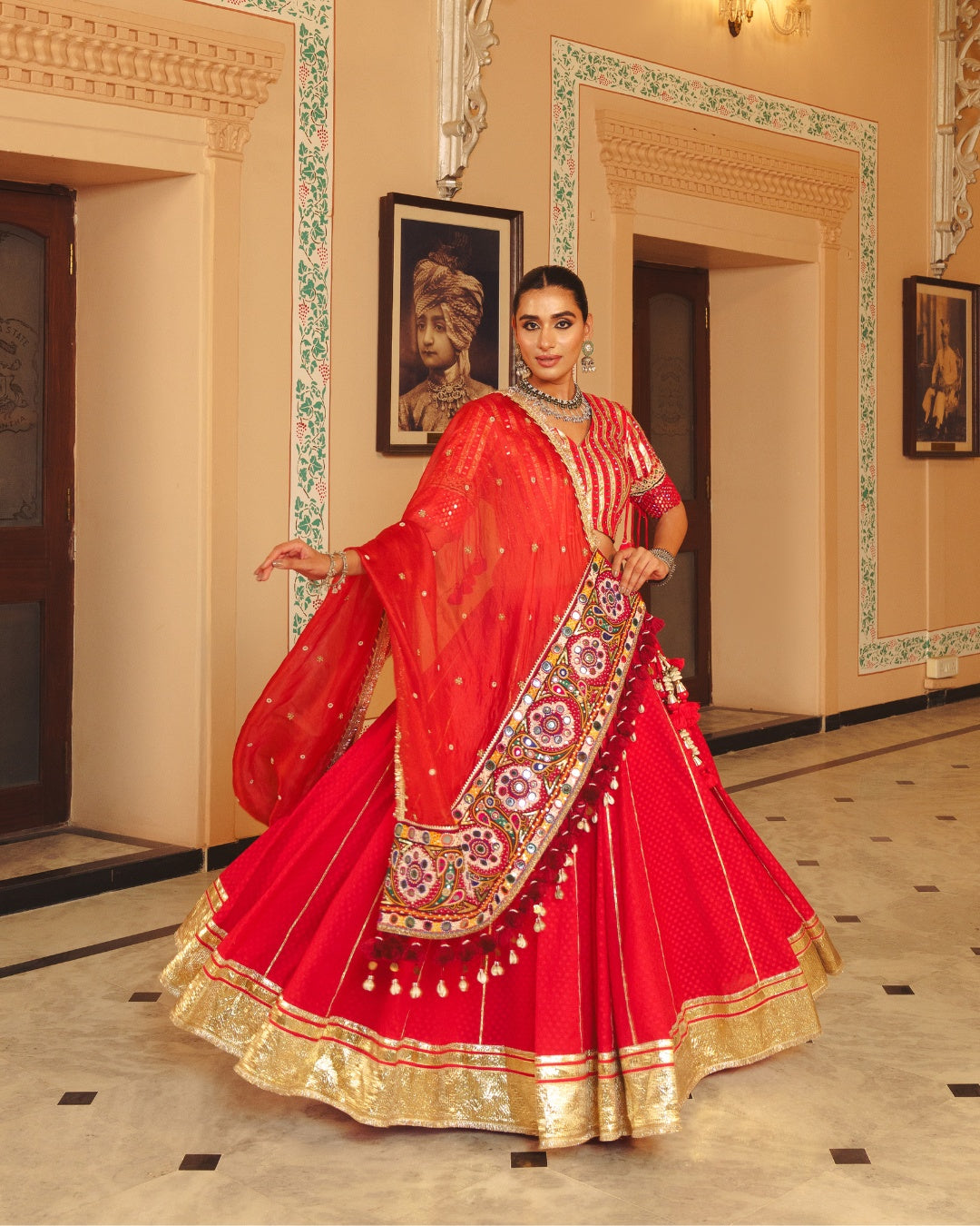 RED MIRROR LAMPI LEHENGA SET