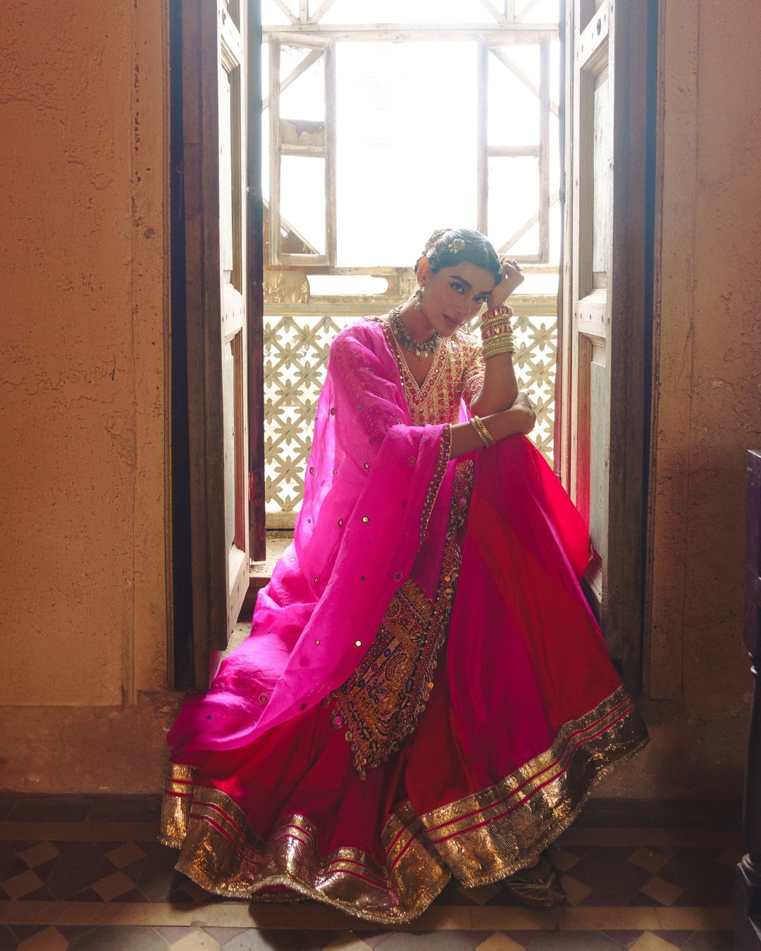 RED PINK DOUBLE KALI MOCHI WORK LEHENGA SET