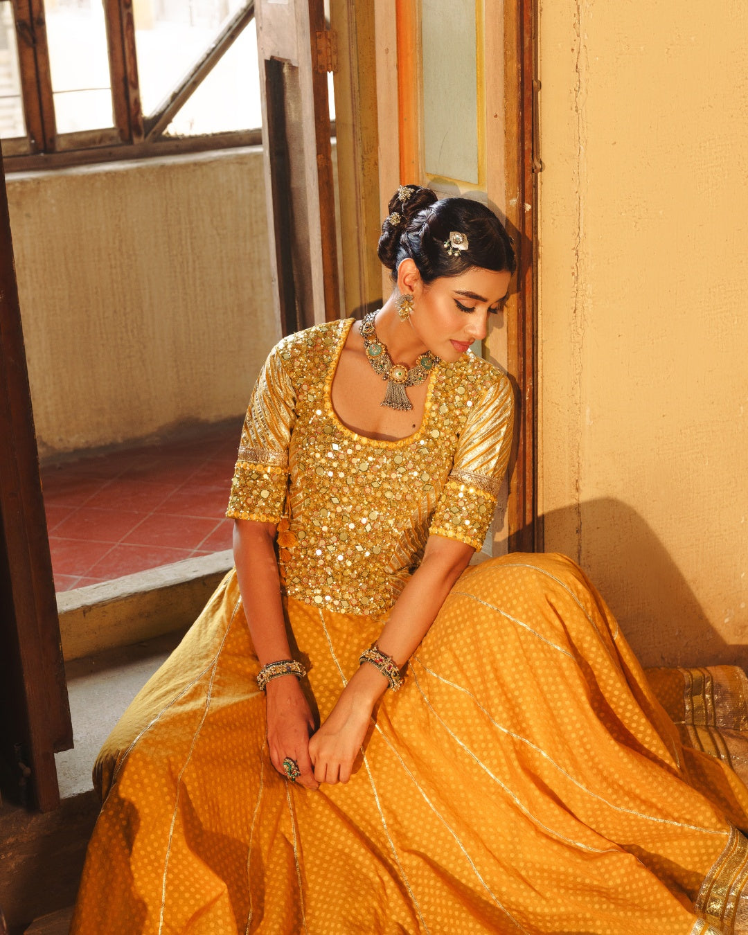 OCHRE YELLOW MIRROR MAGIC LAHENGA SET