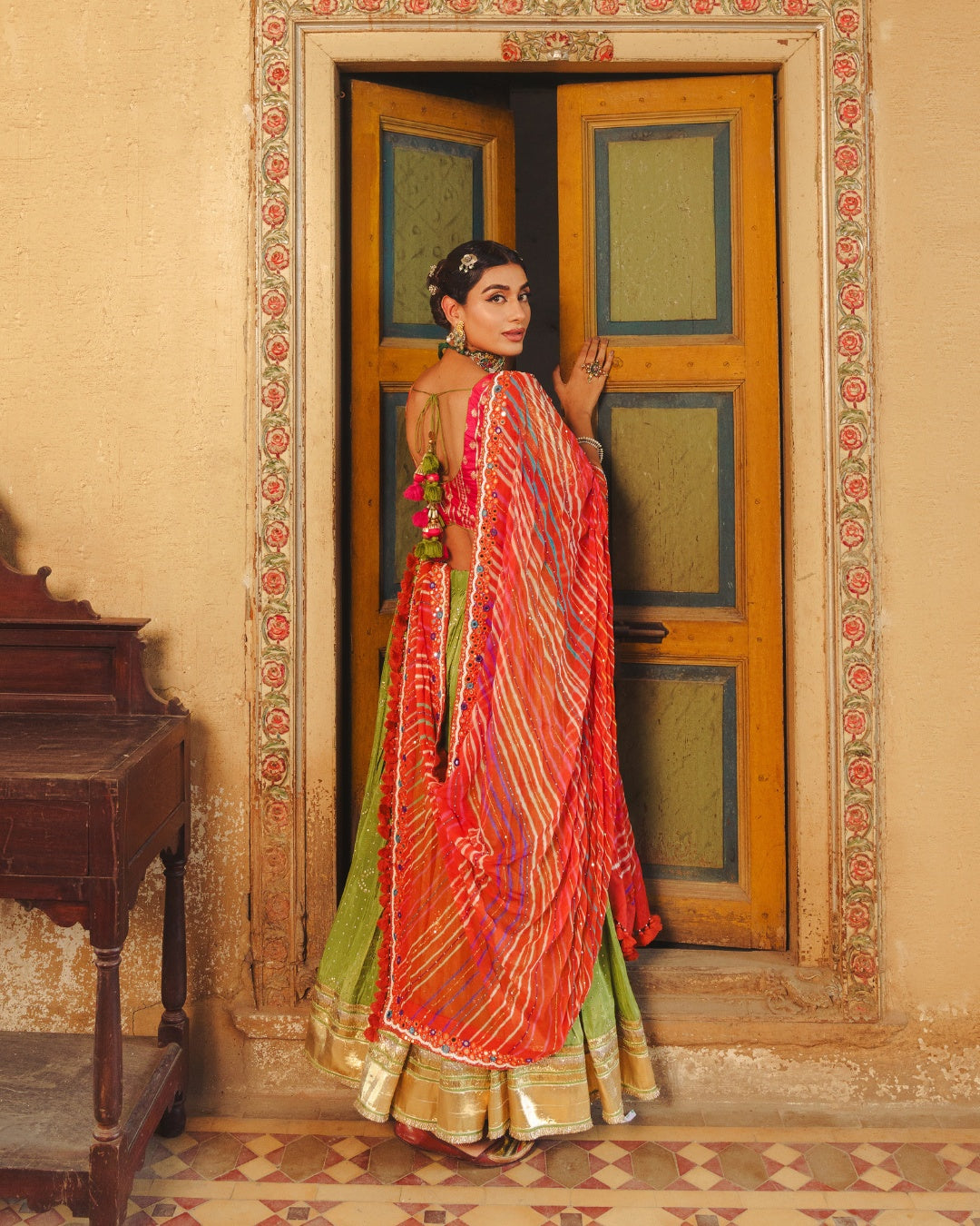 GREEN LAMPI LEHENGA SET WITH TISSU MUKAISH WORK
