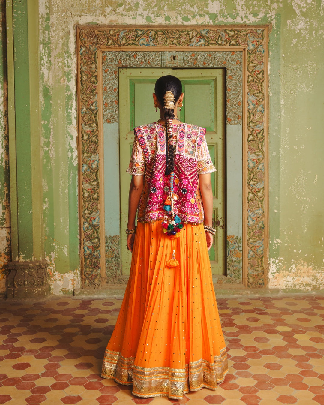 MANGO YELLOW LAMPI LEHENGA WITH KUTCHI PATEL HAND EMBROIDERED JACKET