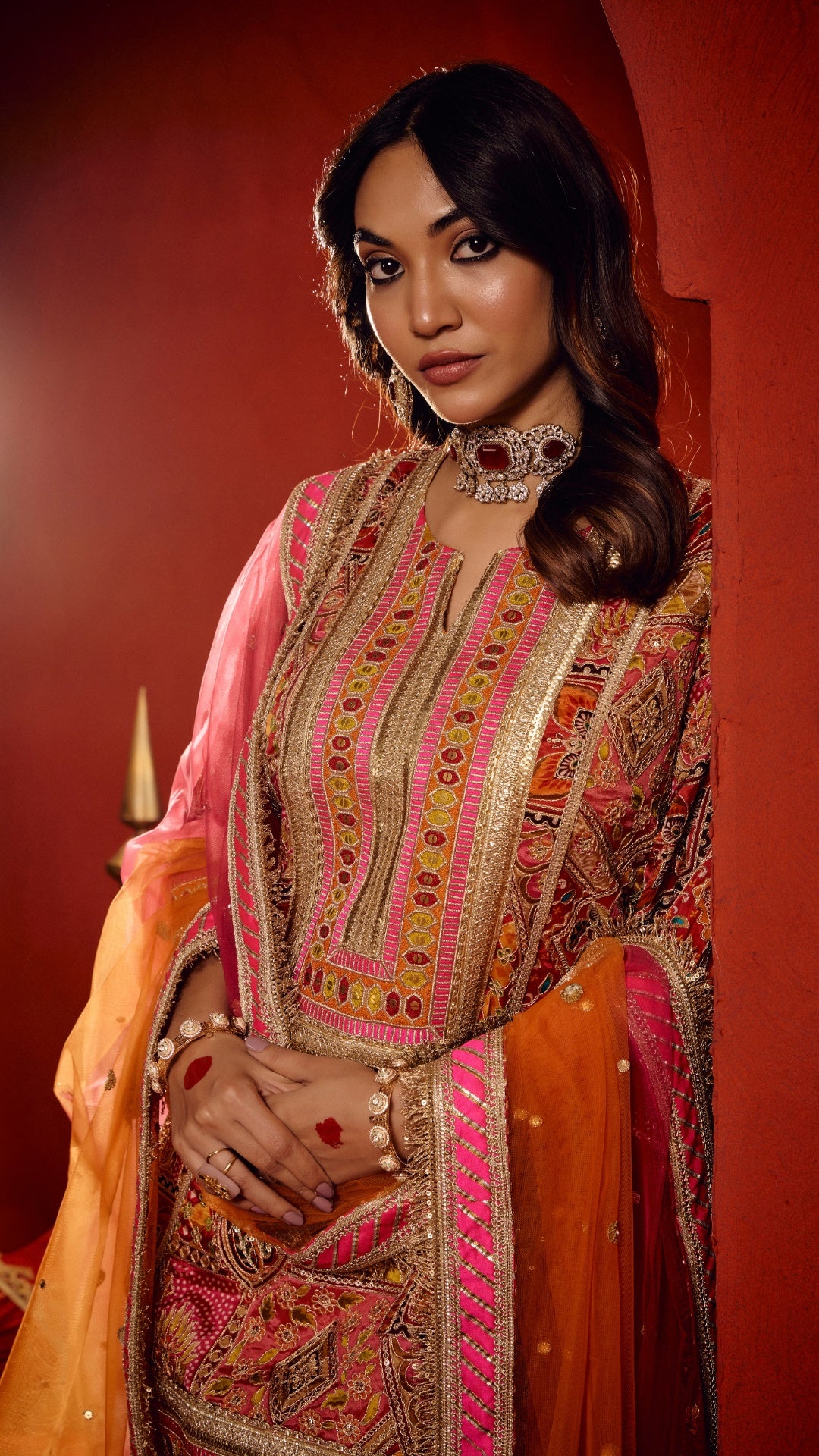 MULTI AAREE WORK FABRIC WITH SHADED HANDWORK LAMPI DUPATTA & SILK SALWAR SET
