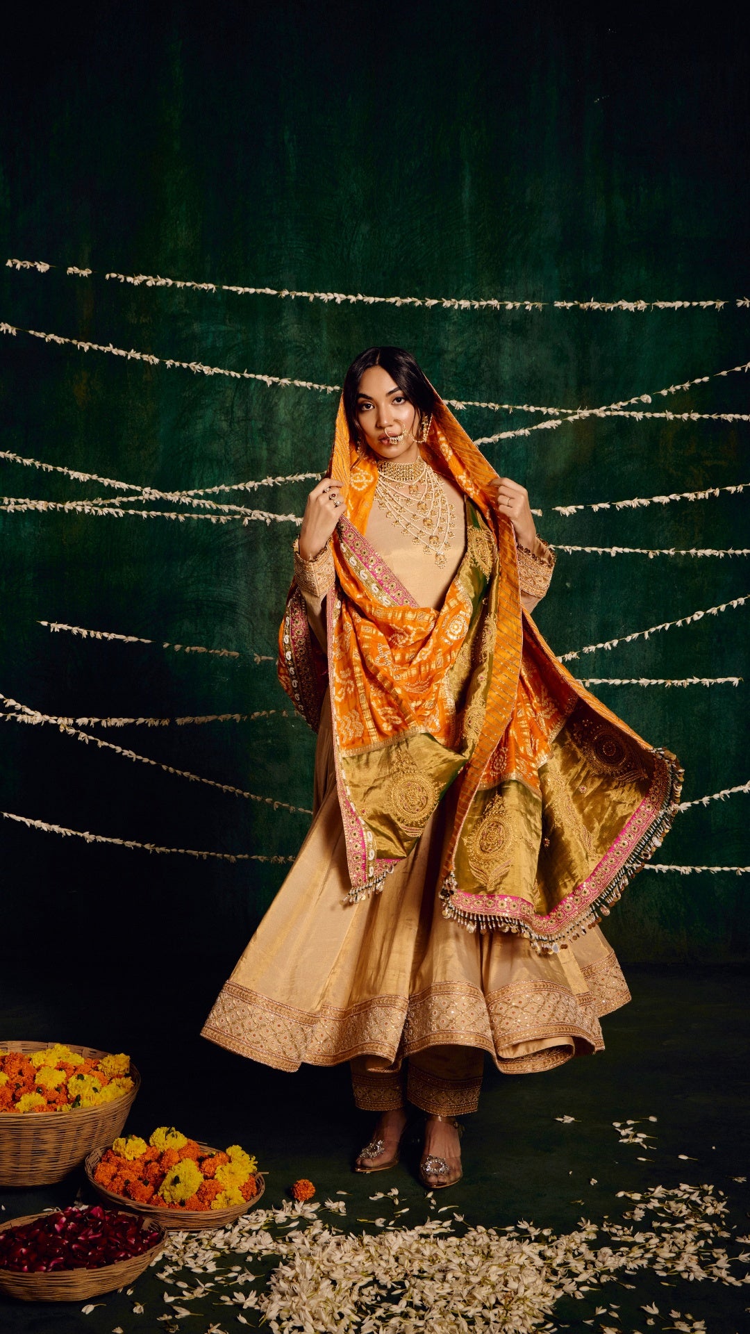 CREAM KANZI TISSU ZARDOZI ANARKALI WITH BANDHEJ MARODI HANDWORK DUPATTA