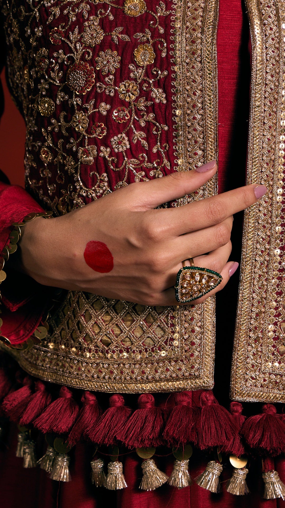 RED ANARKALI GHARCHOLA MARODI DUPATTA WITH ZARDOZI EMBROIDERY JACKET