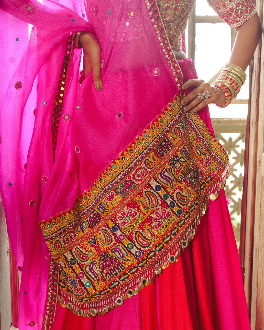 RED PINK DOUBLE KALI MOCHI WORK LEHENGA SET