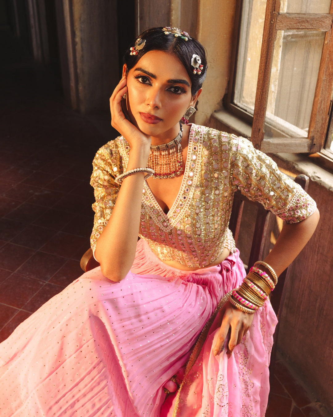 LIGHT PINK MIRROR MAGIC LAHENGA SET