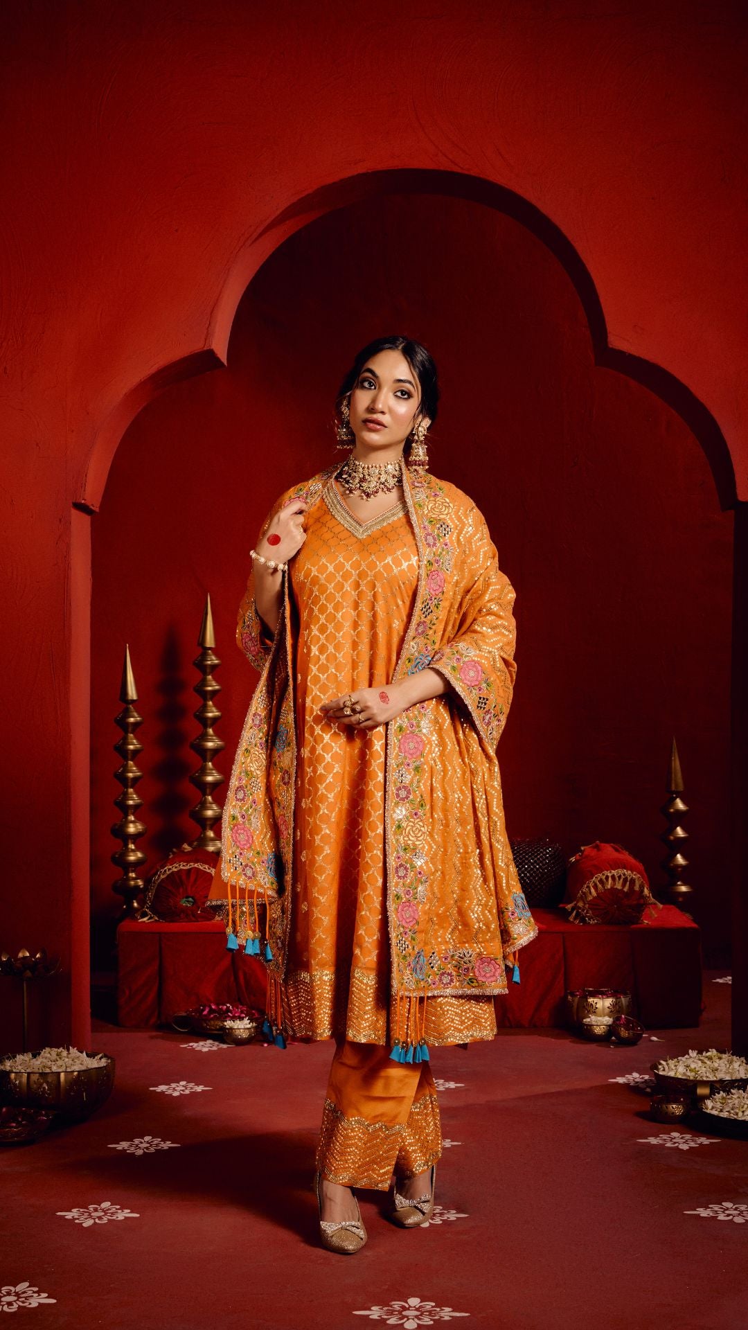 SAFFRON TISSU AARIE KALIDAR ANARKALI WITH HAND EMBROIDERY DUPATTA