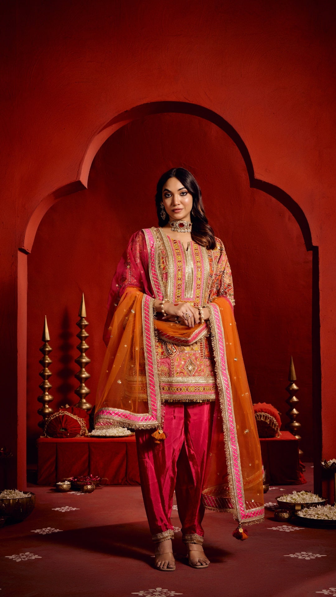MULTI AAREE WORK FABRIC WITH SHADED HANDWORK LAMPI DUPATTA & SILK SALWAR SET