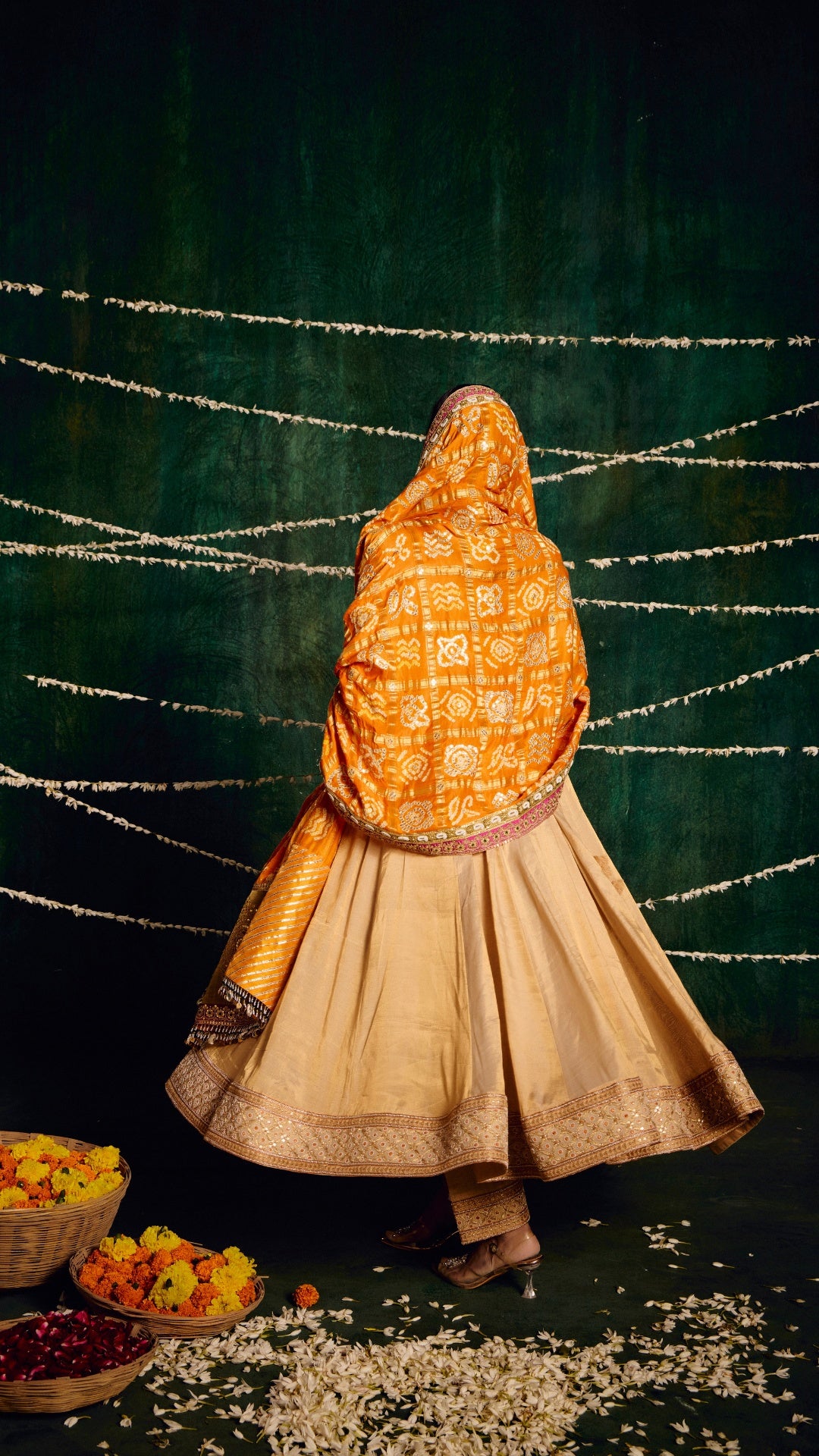 CREAM KANZI TISSU ZARDOZI ANARKALI WITH BANDHEJ MARODI HANDWORK DUPATTA