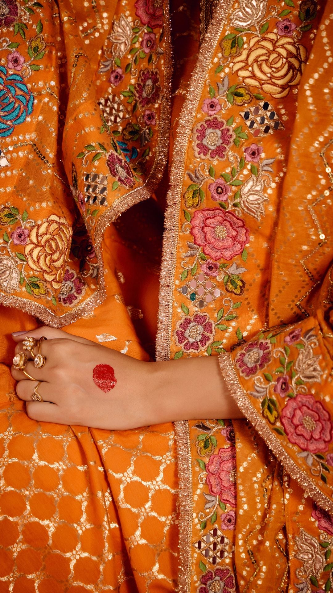 SAFFRON TISSU AARIE KALIDAR ANARKALI WITH HAND EMBROIDERY DUPATTA