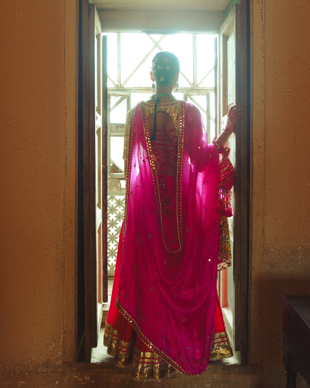 RED PINK DOUBLE KALI MOCHI WORK LEHENGA SET