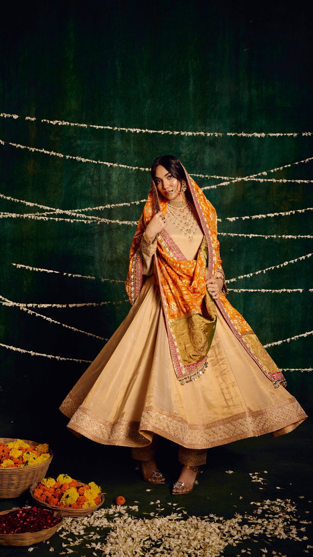 CREAM KANZI TISSU ZARDOZI ANARKALI WITH BANDHEJ MARODI HANDWORK DUPATTA