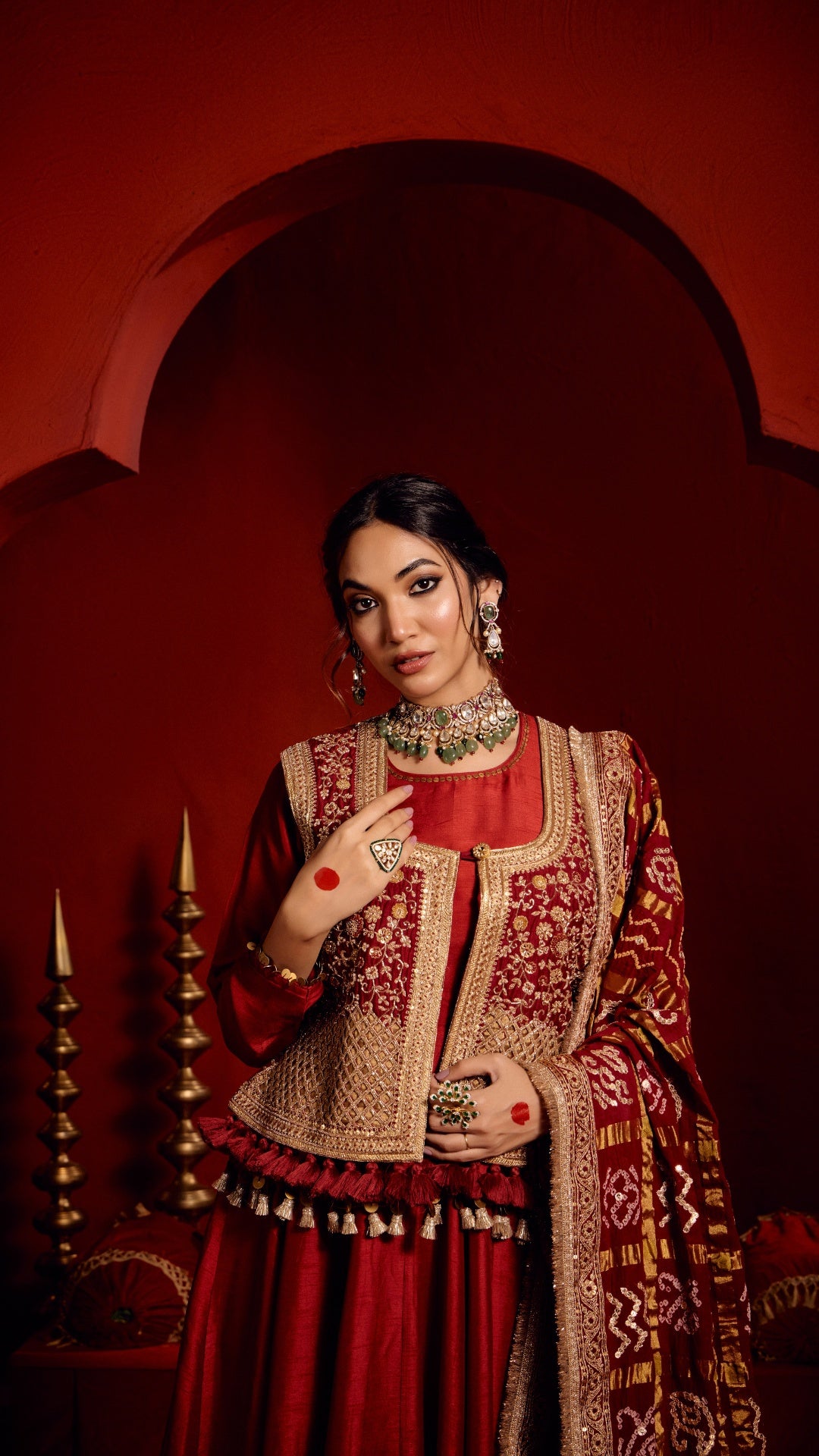 RED ANARKALI GHARCHOLA MARODI DUPATTA WITH ZARDOZI EMBROIDERY JACKET
