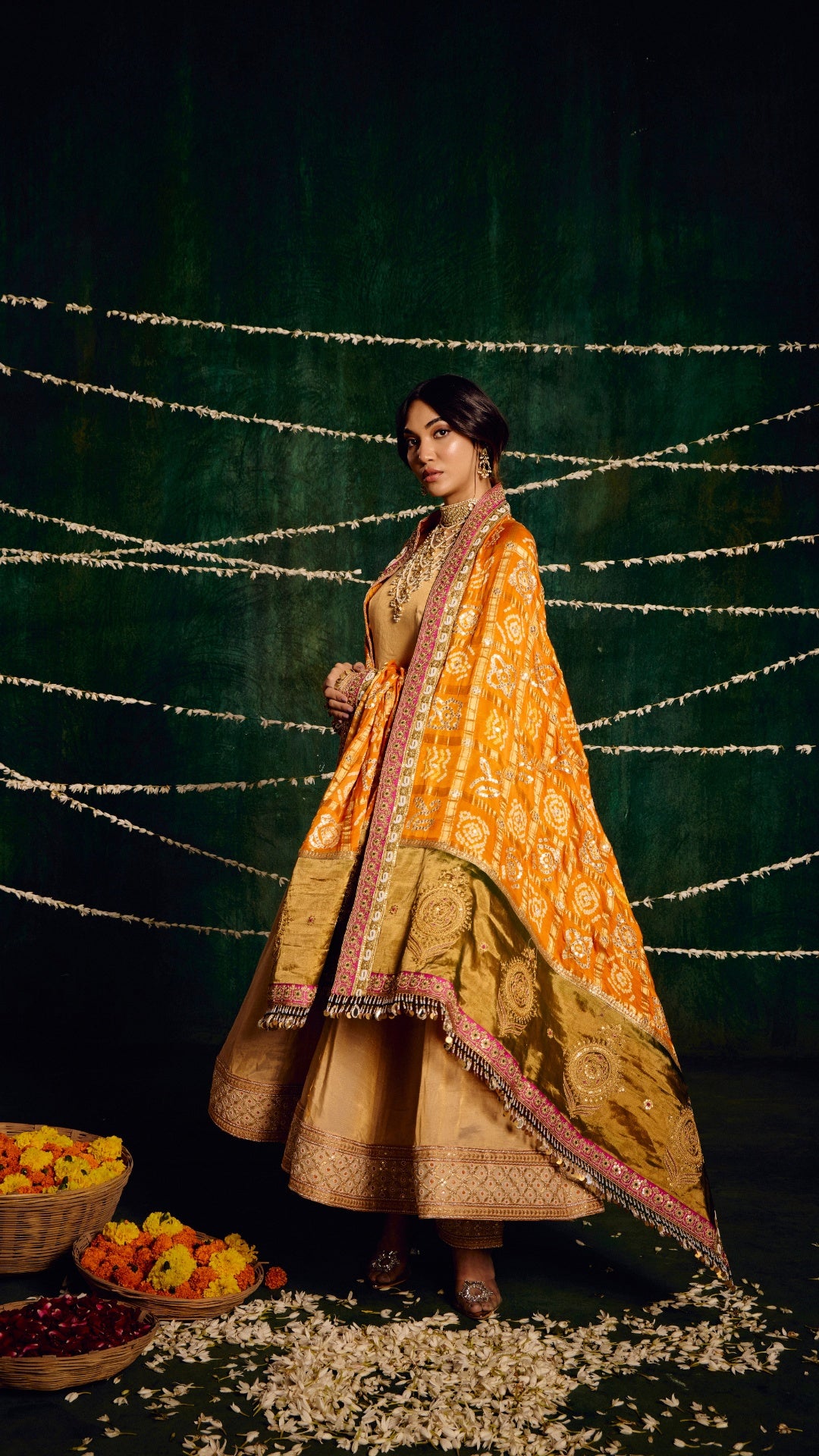 CREAM KANZI TISSU ZARDOZI ANARKALI WITH BANDHEJ MARODI HANDWORK DUPATTA