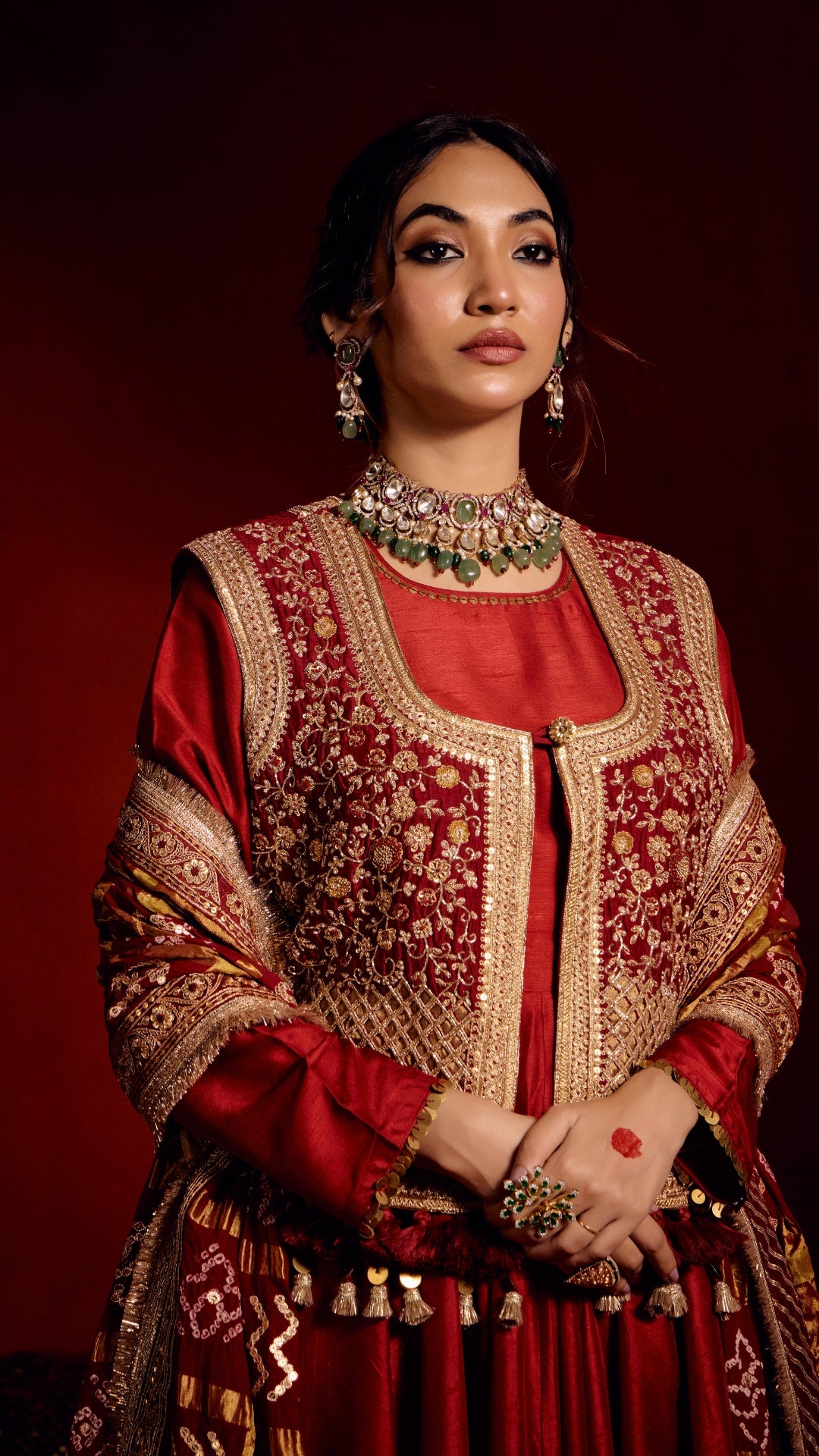 RED ANARKALI GHARCHOLA MARODI DUPATTA WITH ZARDOZI EMBROIDERY JACKET