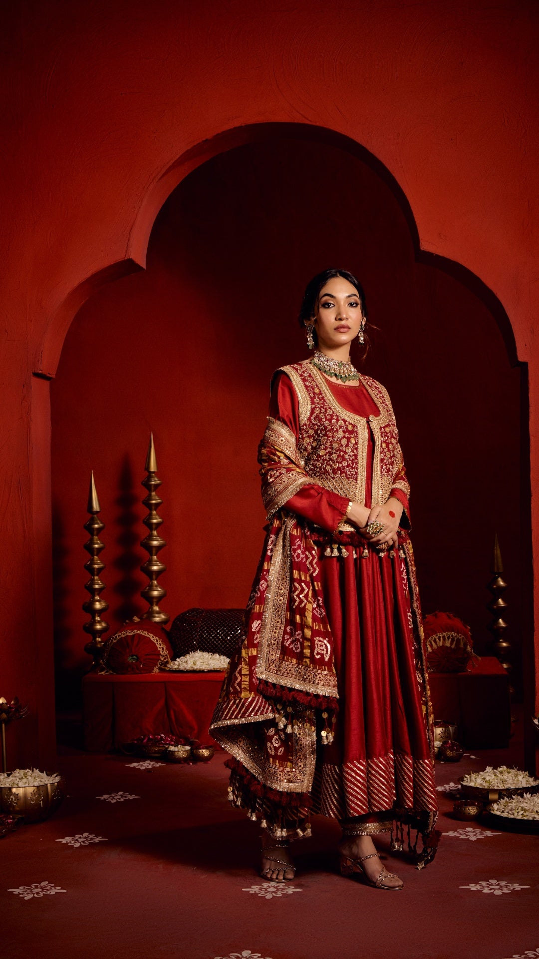 RED ANARKALI GHARCHOLA MARODI DUPATTA WITH ZARDOZI EMBROIDERY JACKET