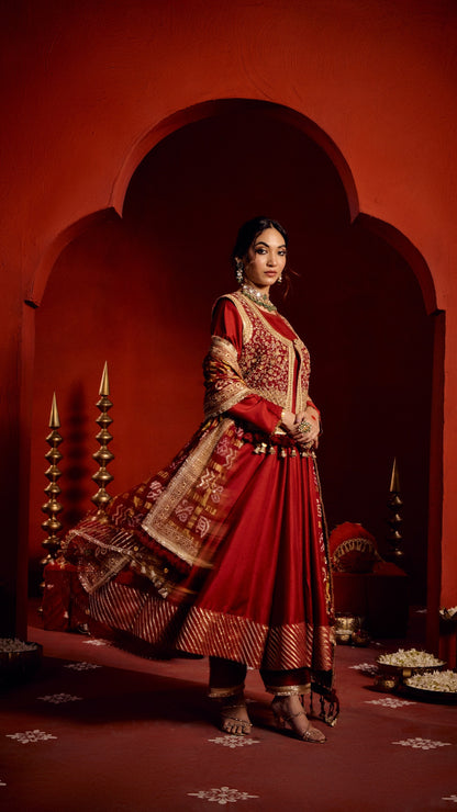 RED ANARKALI GHARCHOLA MARODI DUPATTA WITH ZARDOZI EMBROIDERY JACKET