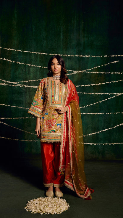 MULTI AAREE WORK FABRIC WITH SHADED HANDWORK LAMPI DUPATTA & SILK SALWAR SET