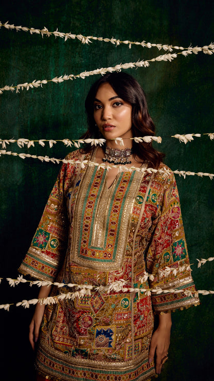 MULTI AAREE WORK FABRIC WITH SHADED HANDWORK LAMPI DUPATTA & SILK SALWAR SET
