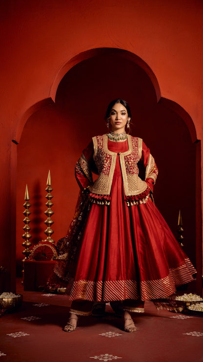 RED ANARKALI GHARCHOLA MARODI DUPATTA WITH ZARDOZI EMBROIDERY JACKET