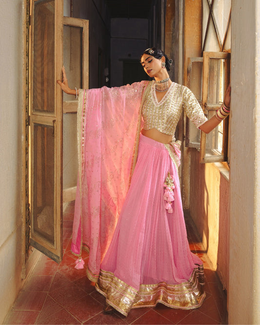 LIGHT PINK MIRROR MAGIC LAHENGA SET