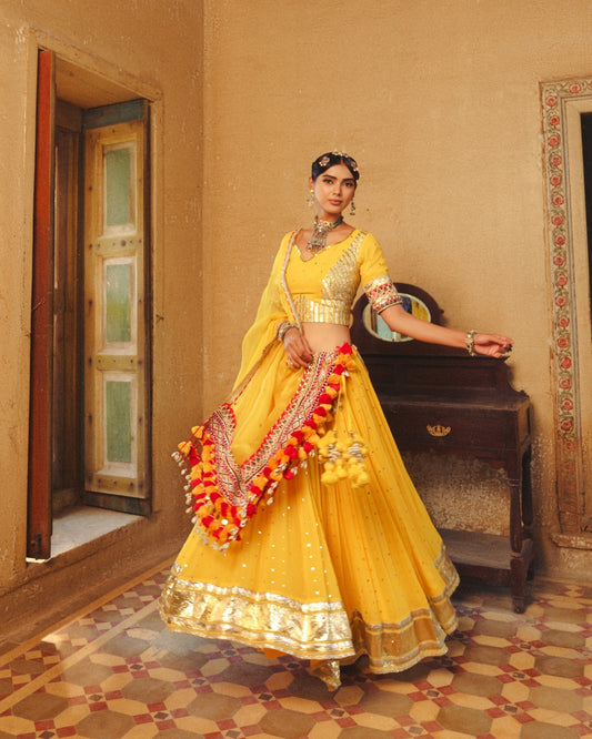 YELLOW MUKAISH WORK GEORGETTE LEHENGA SET