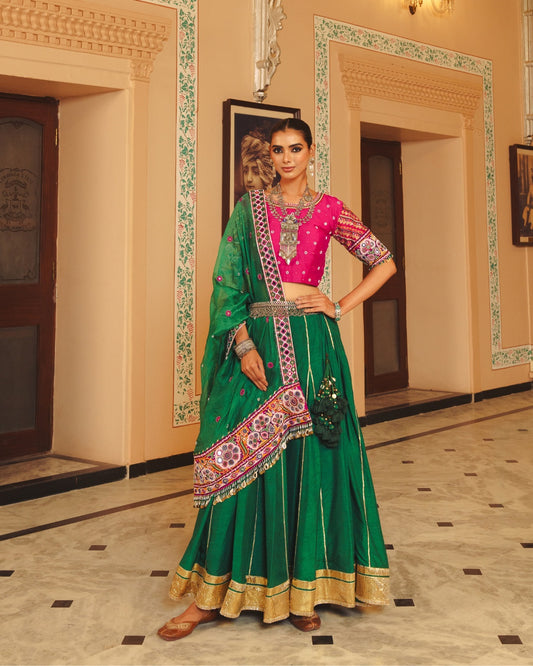 BOTTLE GREEN MAGENTA LEHENGA SET
