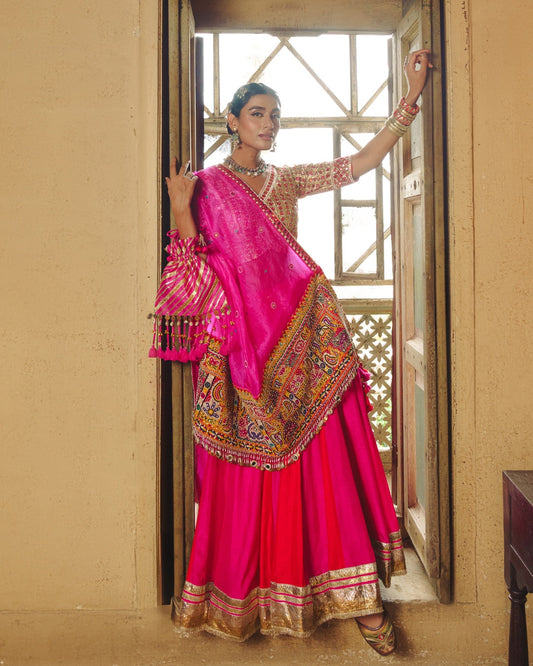 RED PINK DOUBLE KALI MOCHI WORK LEHENGA SET