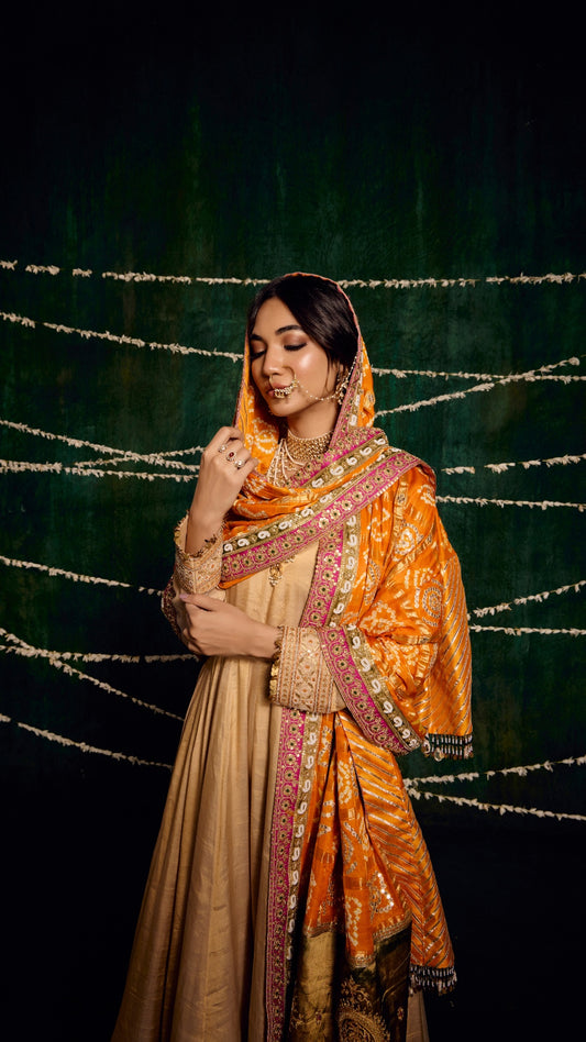 CREAM KANZI TISSU ZARDOZI ANARKALI WITH BANDHEJ MARODI HANDWORK DUPATTA